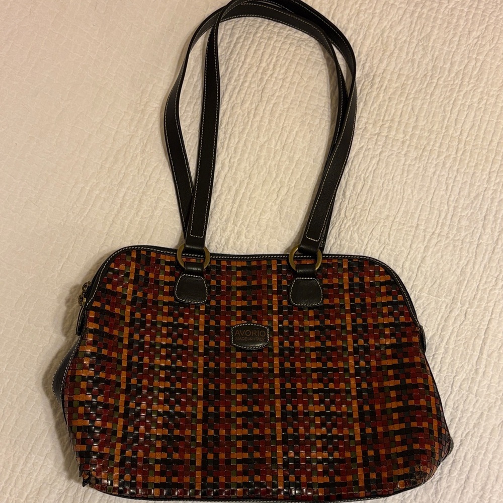 Avorio Multicolor Woven Leather Shoulder Bag with Black Straps.